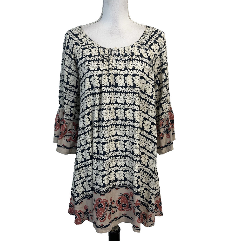 Papillon Blouse Tunic Small Black Coral Floral Boho Lagenlook Peasant Womens